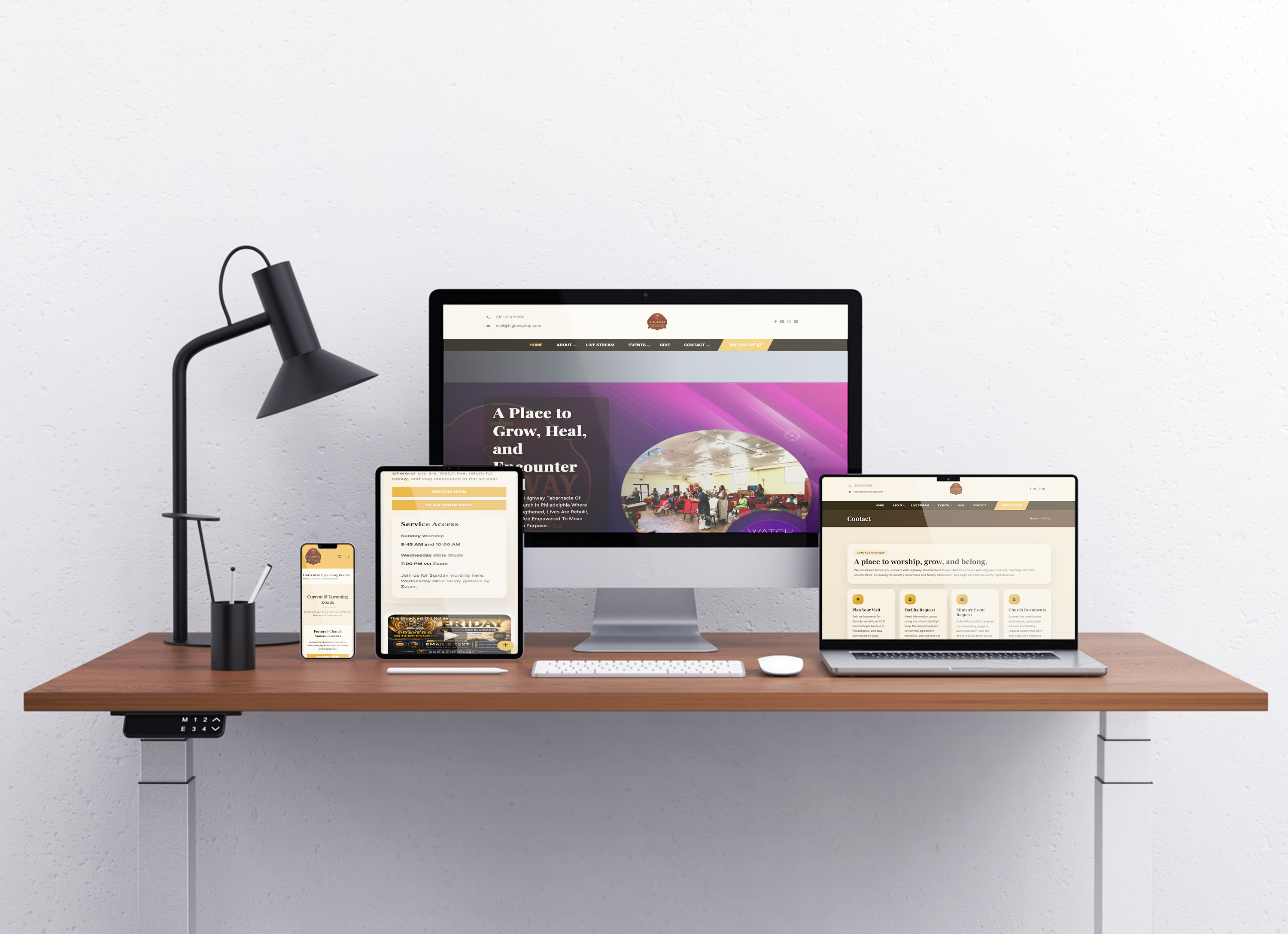 Responsive church website design shown across multiple devices.