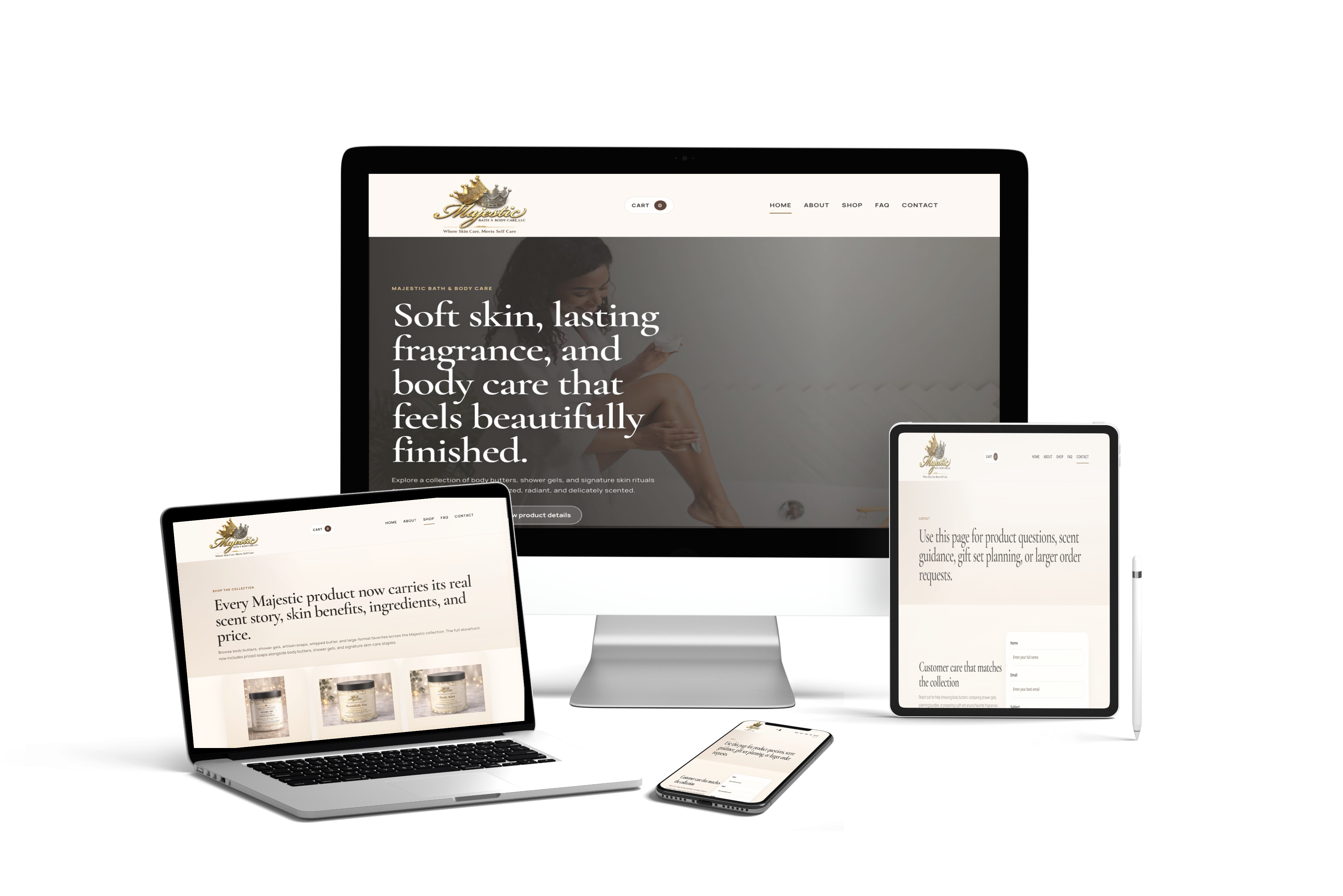 Majestic Bath and Body Care online store shown across responsive devices