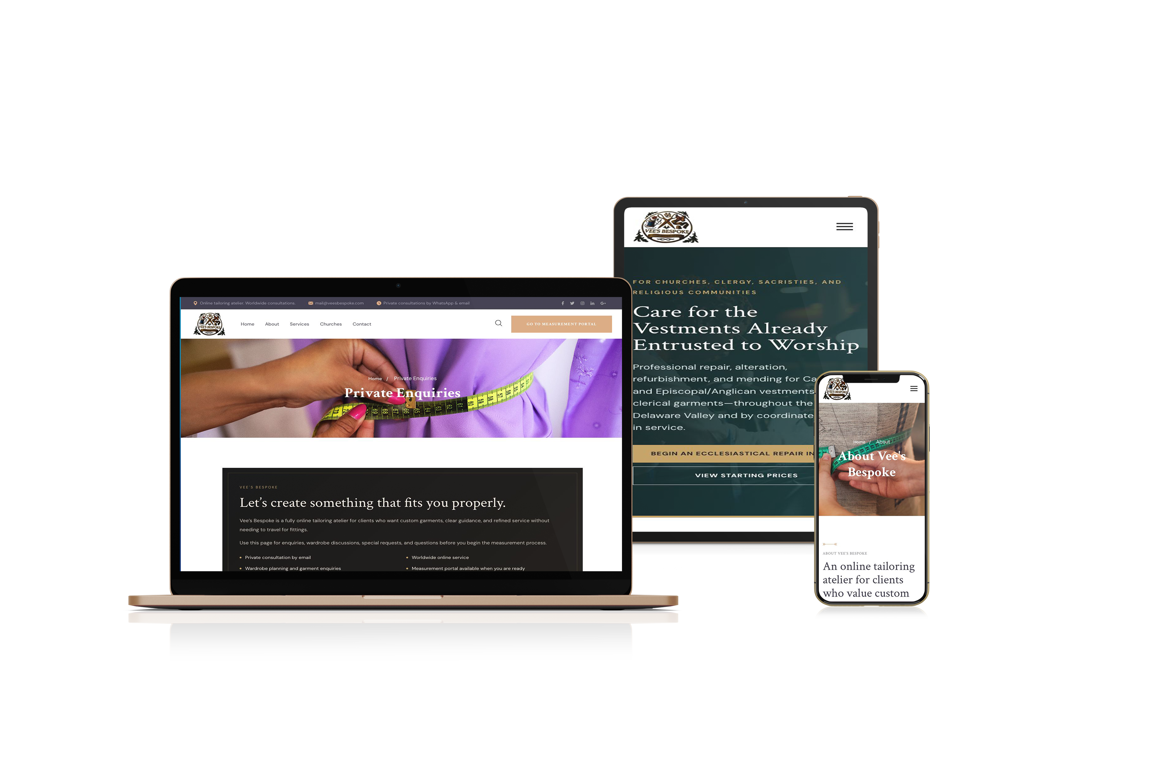 Responsive small business website presentation across laptop, tablet, and mobile devices