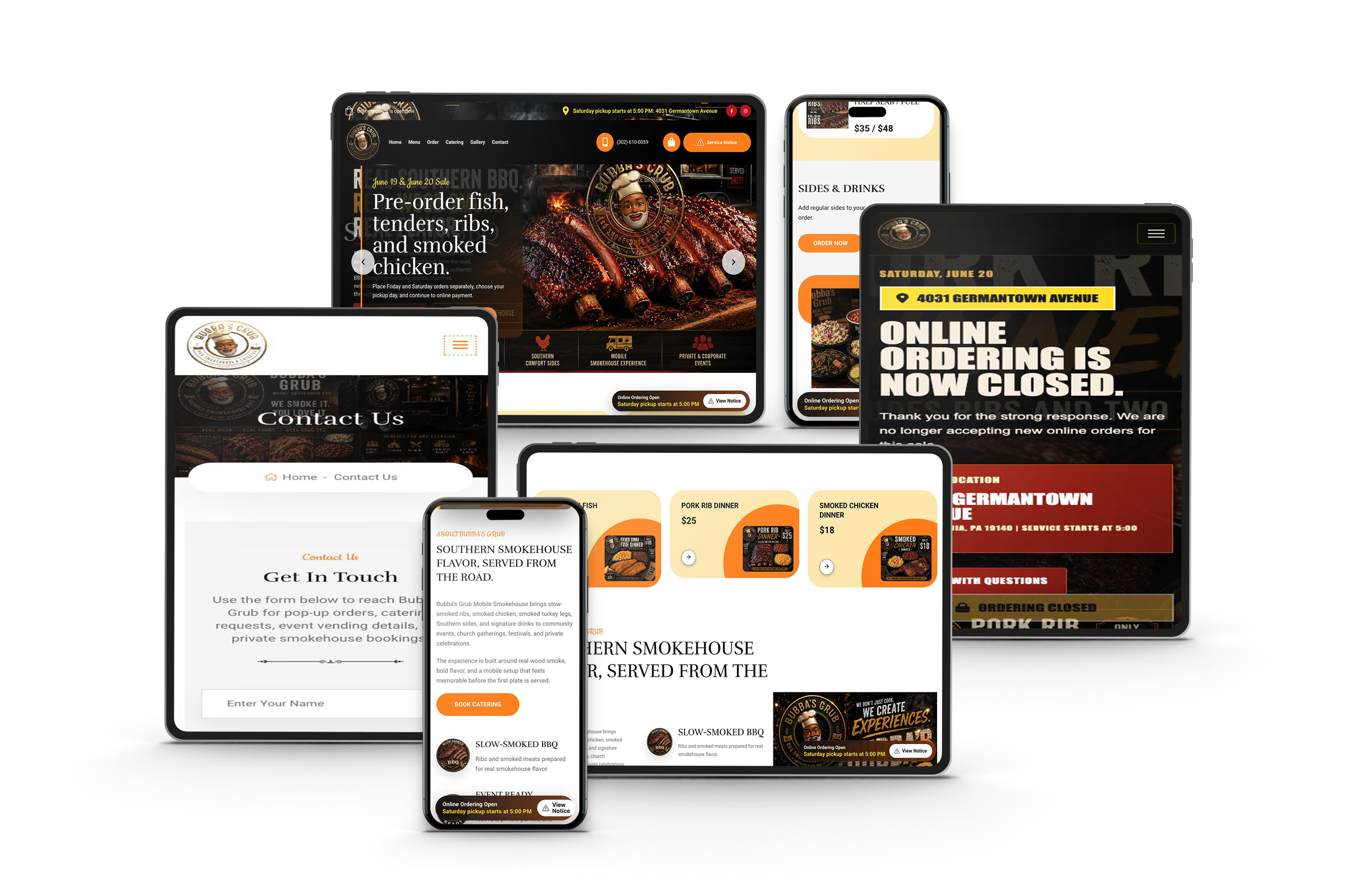 Bubba's Grub restaurant website displayed across responsive devices